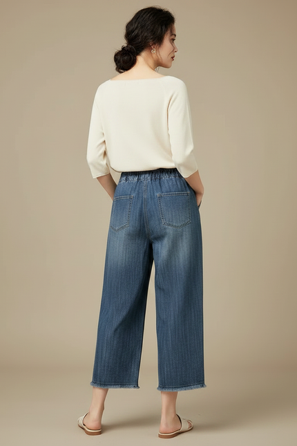 Pantalon Japonais Denim Ample Fleuri Brodé Femme - Bleu Jean - vue 2