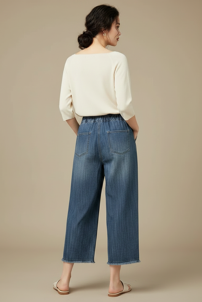 Pantalon Japonais Denim Ample Fleuri Brodé Femme - Bleu Jean - vue 2