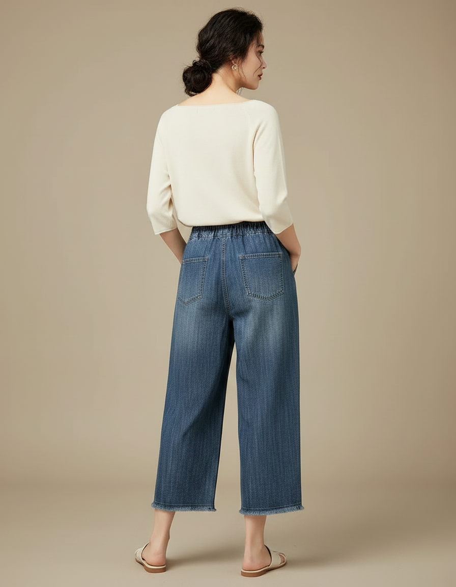 Pantalon Japonais Denim Ample Fleuri Brodé Femme - Bleu Jean - vue 2