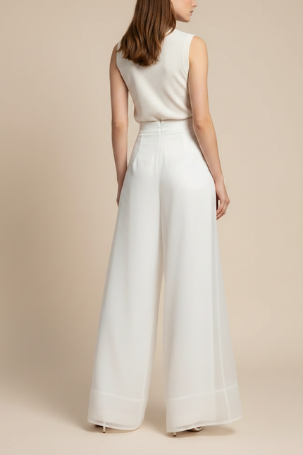 Pantalon Japonais Blanc Organza Ample Fluide Élégant - Polyester - vue 2