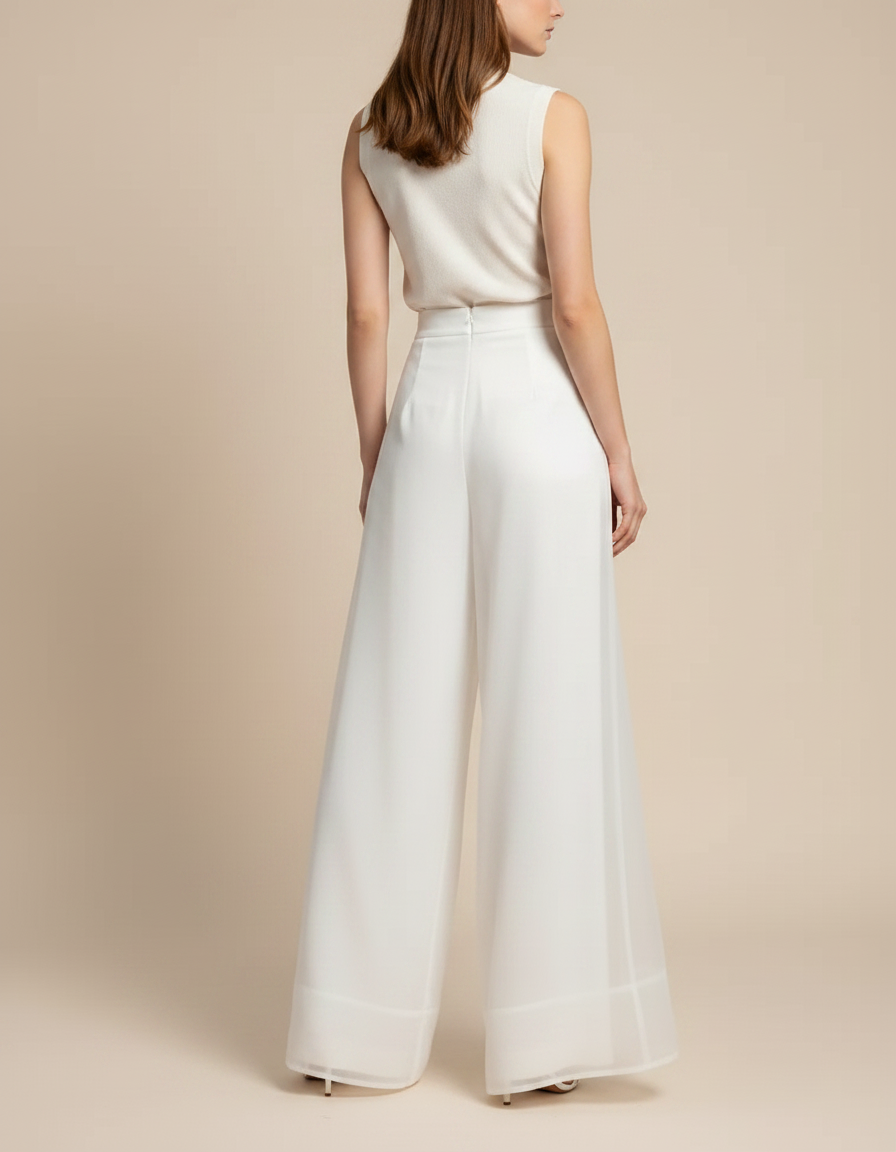Pantalon Japonais Blanc Organza Ample Fluide Élégant - Polyester - vue 2