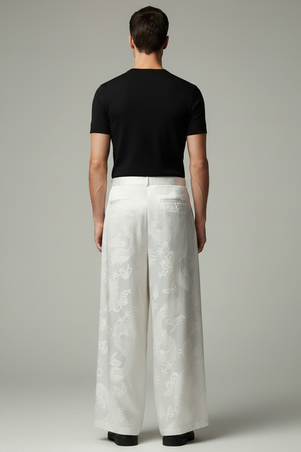 Pantalon Japonais Blanc Jacquard Dragon Ample Homme Élégant - Soie - vue 2