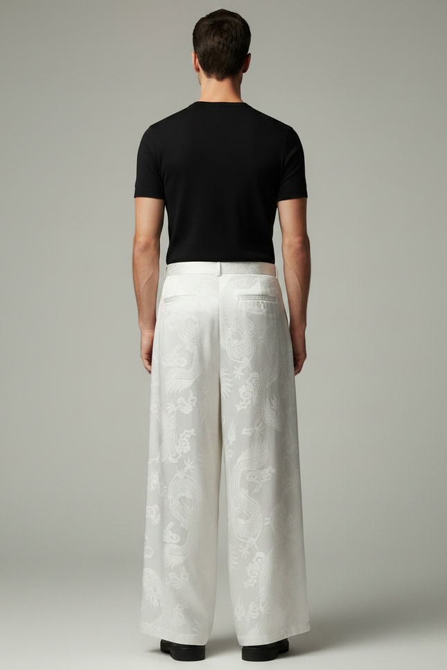 Pantalon Japonais Blanc Jacquard Dragon Ample Homme Élégant - Soie - vue 2