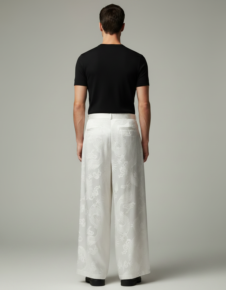 Pantalon Japonais Blanc Jacquard Dragon Ample Homme Élégant - Soie - vue 2