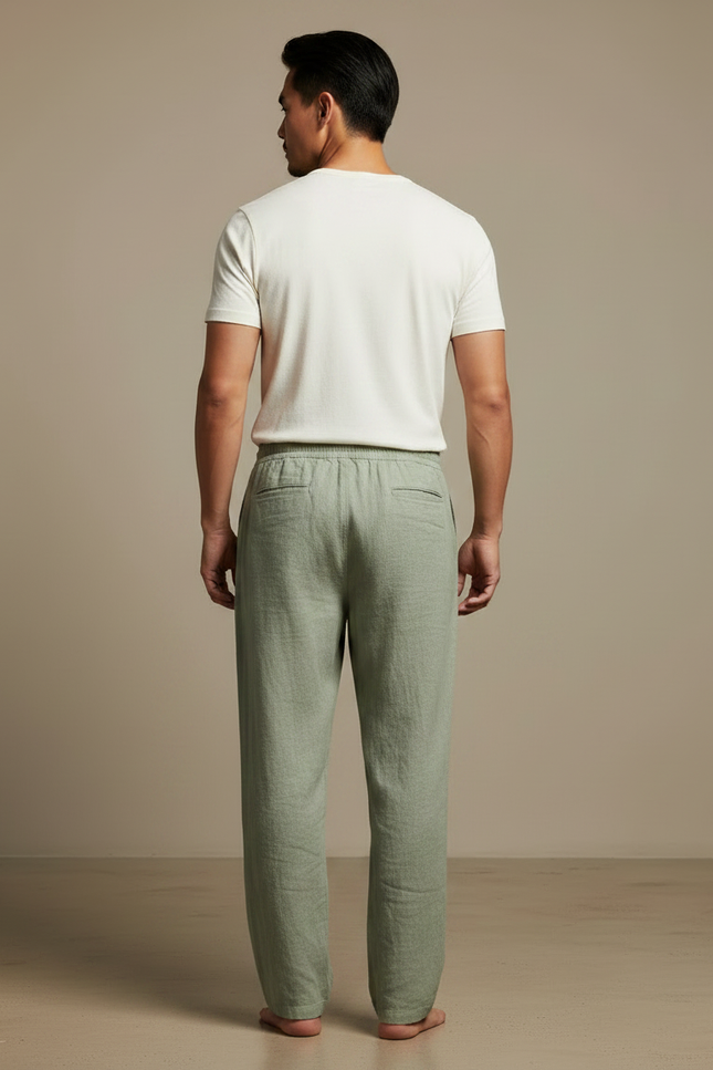 Pantalon Japonais Vert Lin Ample Confortable Décontracté - vue 2