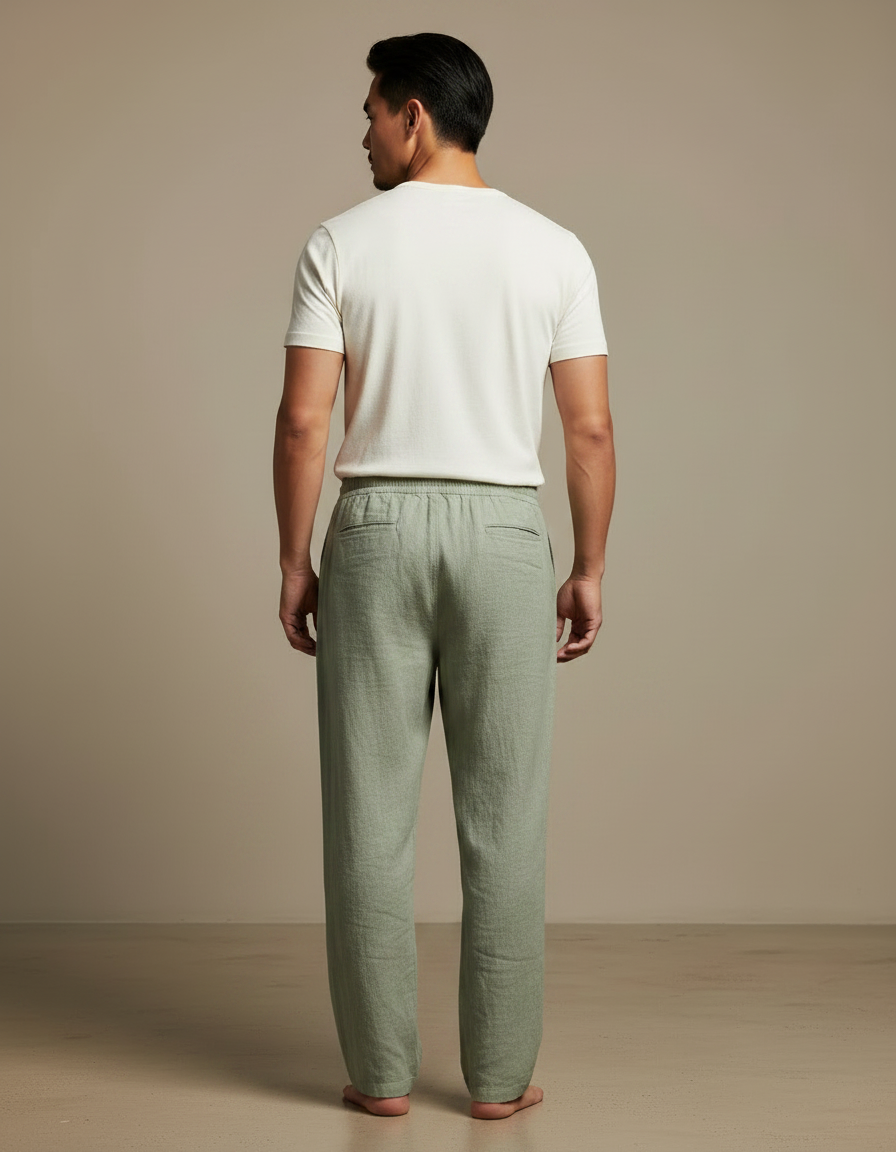 Pantalon Japonais Vert Lin Ample Confortable Décontracté - vue 2