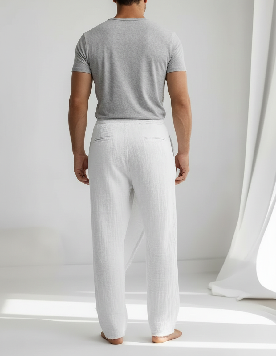 Pantalon Japonais Blanc Coton Lin Ample Décontracté - vue 2
