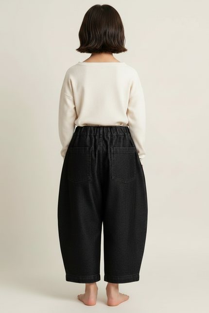 Pantalon Japonais Noir Côtelé Ample Décontracté Enfant Fille - Cordé - vue 2