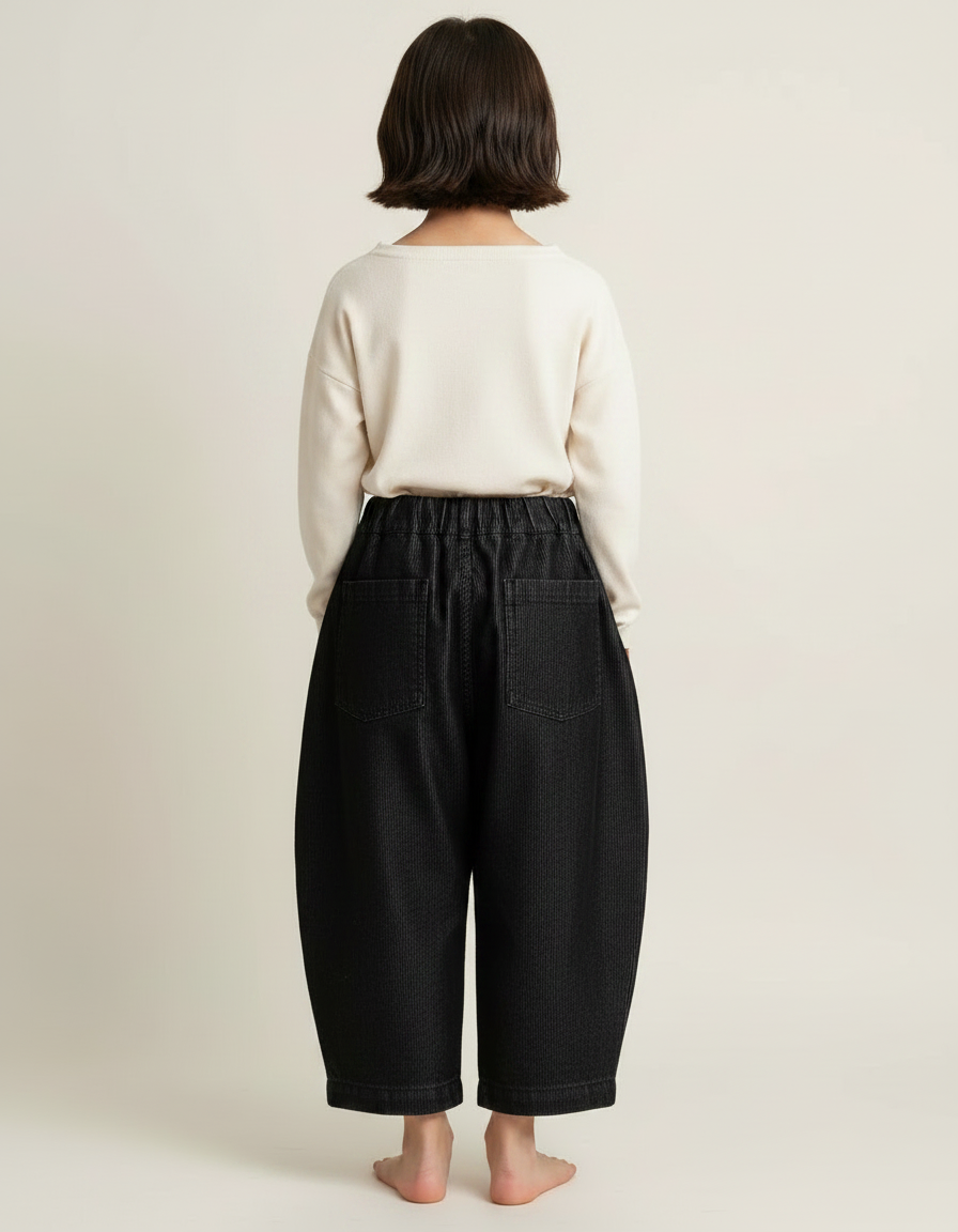 Pantalon Japonais Noir Côtelé Ample Décontracté Enfant Fille - Cordé - vue 2