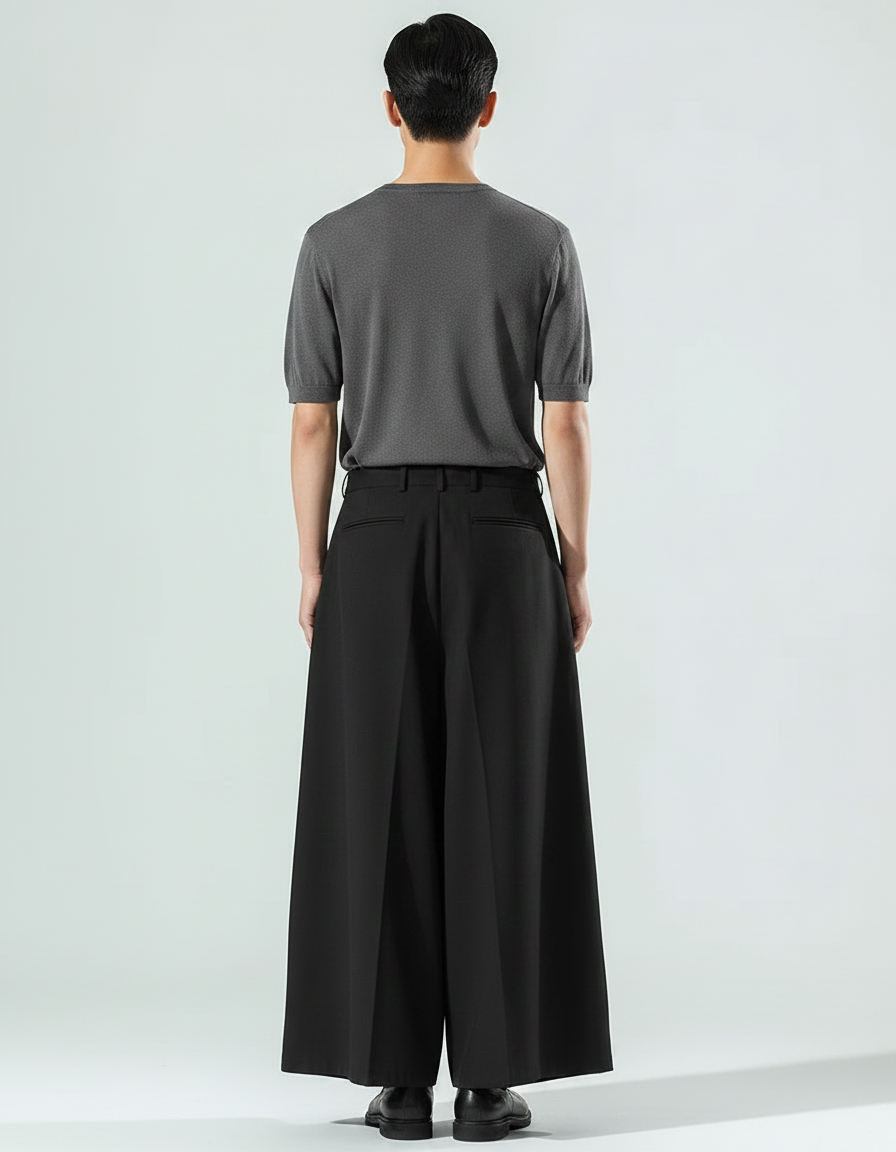 Pantalon Japonais Noir Plissé Ample Élégant Moderne - Polyester - vue 2
