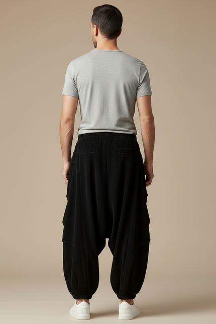 Pantalon Japonais Noir Côtelé Ample Plissé Décontracté - Cordé - vue 2