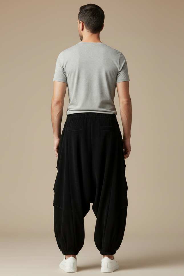 Pantalon Japonais Noir Côtelé Ample Plissé Décontracté - Cordé - vue 2