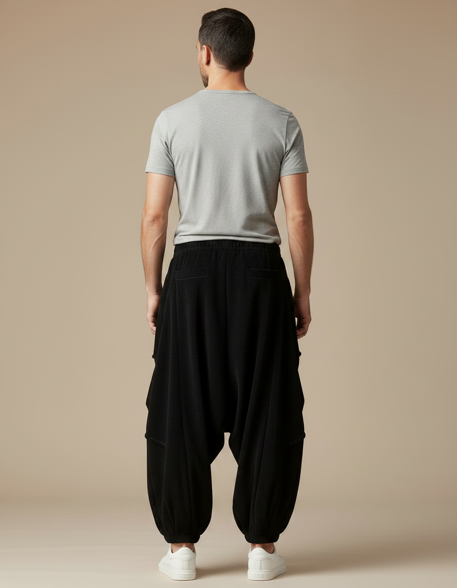 Pantalon Japonais Noir Côtelé Ample Plissé Décontracté - Cordé - vue 2