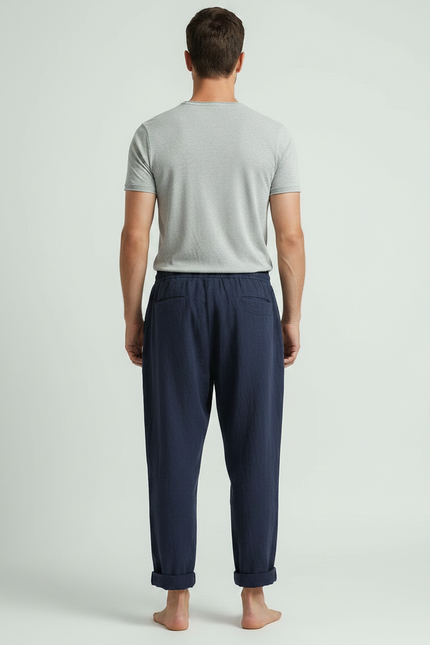 Pantalon Japonais Bleu Marine Lin Ample Sarouel Décontracté Homme - vue 2