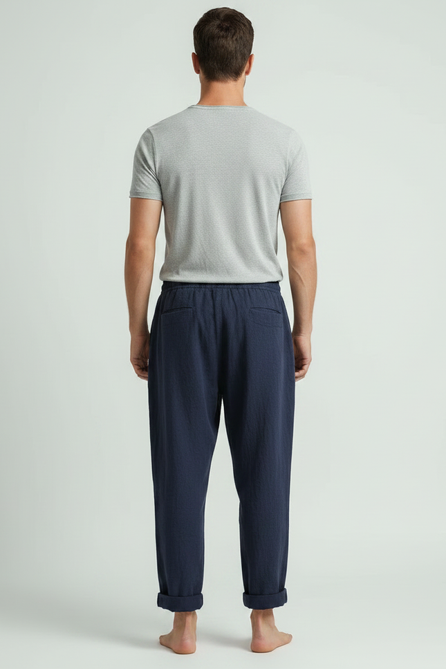 Pantalon Japonais Bleu Marine Lin Ample Sarouel Décontracté Homme - vue 2