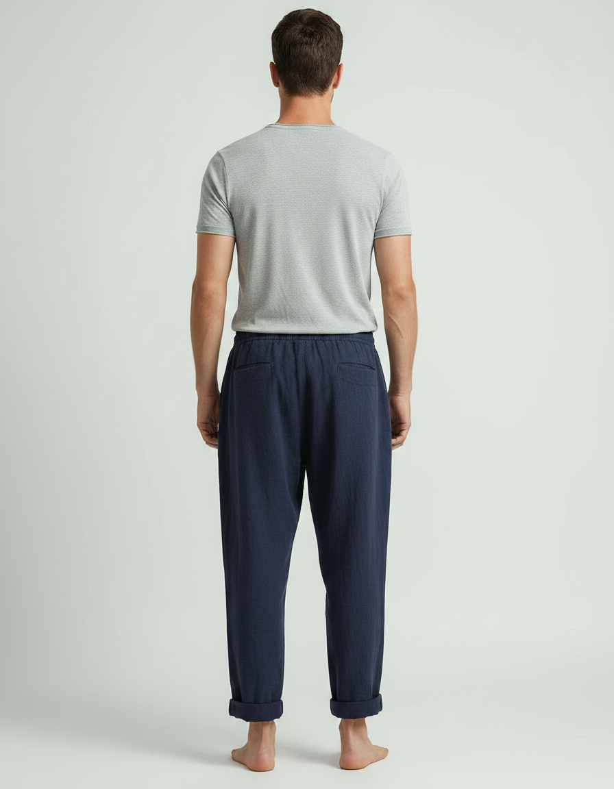 Pantalon Japonais Bleu Marine Lin Ample Sarouel Décontracté Homme - vue 2