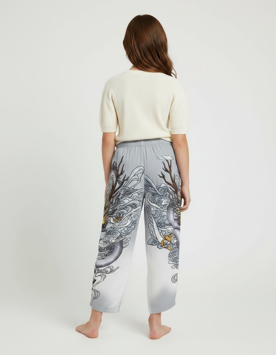Pantalon Japonais Dragon Gris Ample Enfant - Satin - vue 2