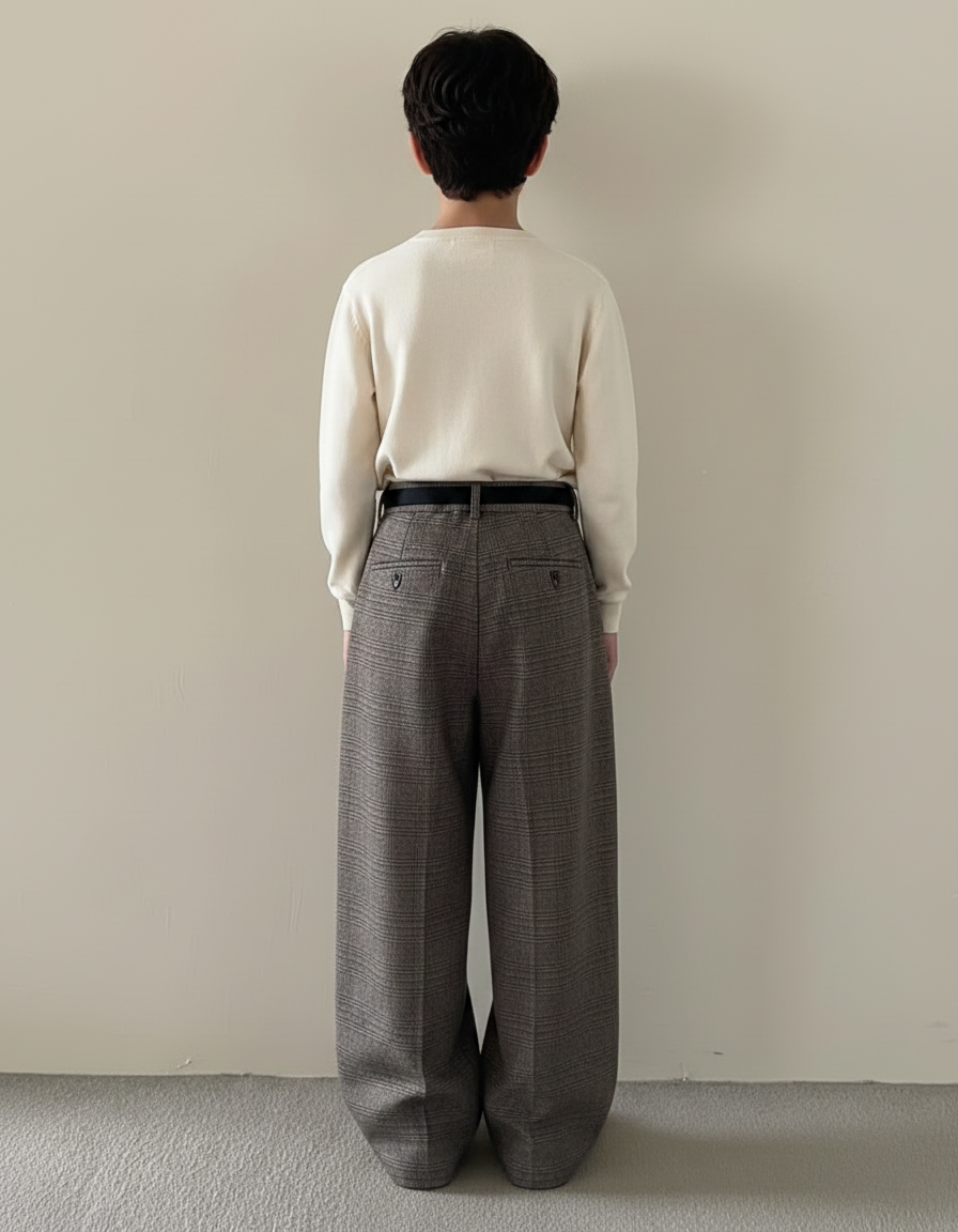 Pantalon Japonais Gris Ample Plissé Décontracté Carreaux - Tweed - vue 2