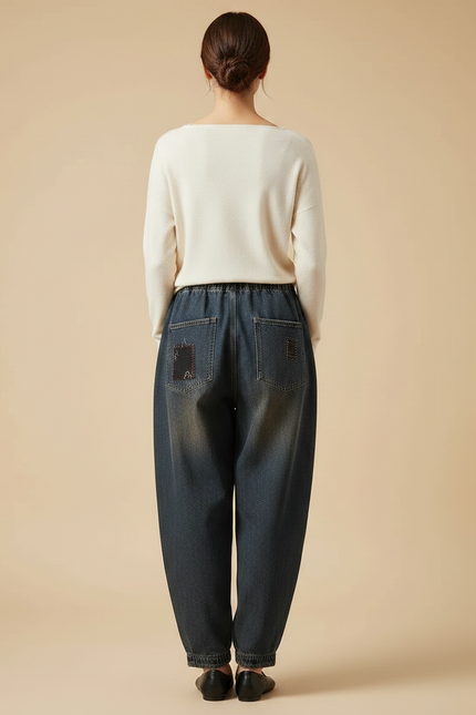 Pantalon Japonais Denim Harem Patchwork Brodé Ample - Bleu Jean - vue 2