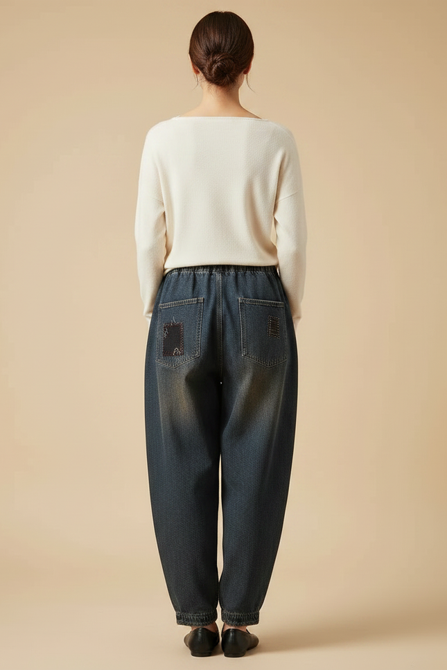 Pantalon Japonais Denim Harem Patchwork Brodé Ample - Bleu Jean - vue 2