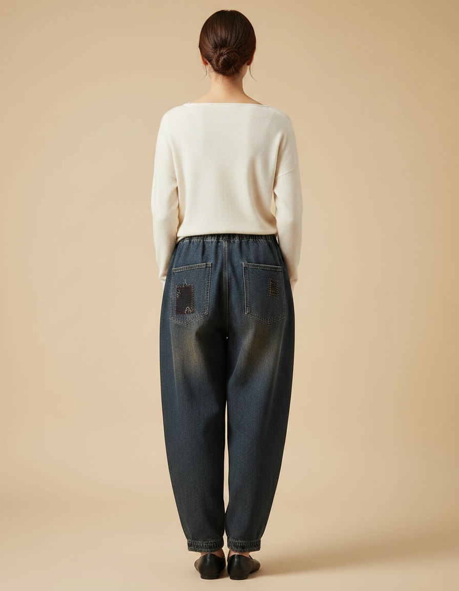 Pantalon Japonais Denim Harem Patchwork Brodé Ample - Bleu Jean - vue 2