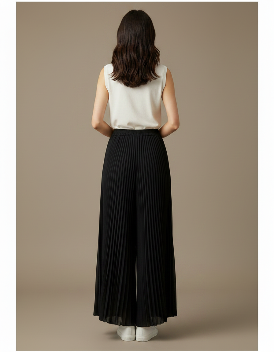 Pantalon Japonais Noir Plissé Fluide Élégant Ample - Polyester - vue 2