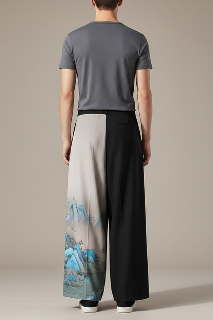 Pantalon Japonais Ample Noir Imprimé Asymétrique Fluide - Viscose - vue 2