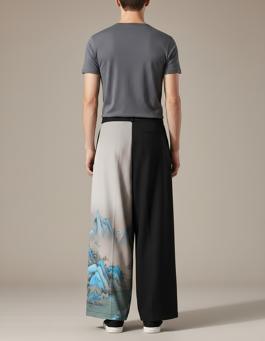 Pantalon Japonais Ample Noir Imprimé Asymétrique Fluide - Viscose - vue 2