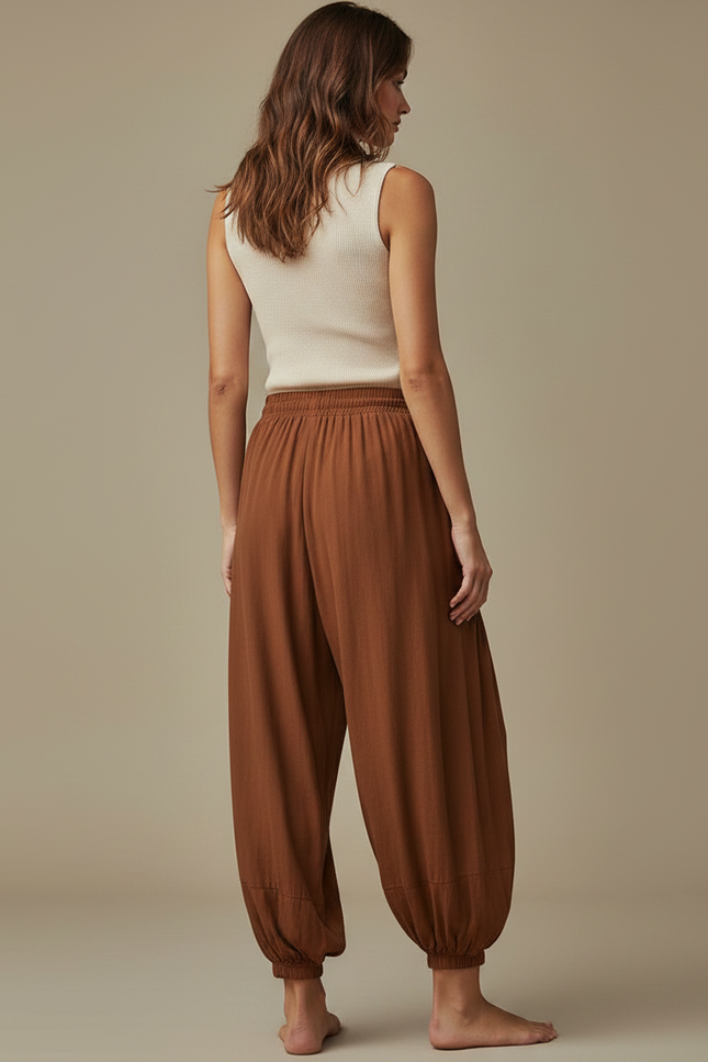 Pantalon Japonais Marron Fluide Ample Cordon Décontracté - Viscose - vue 2