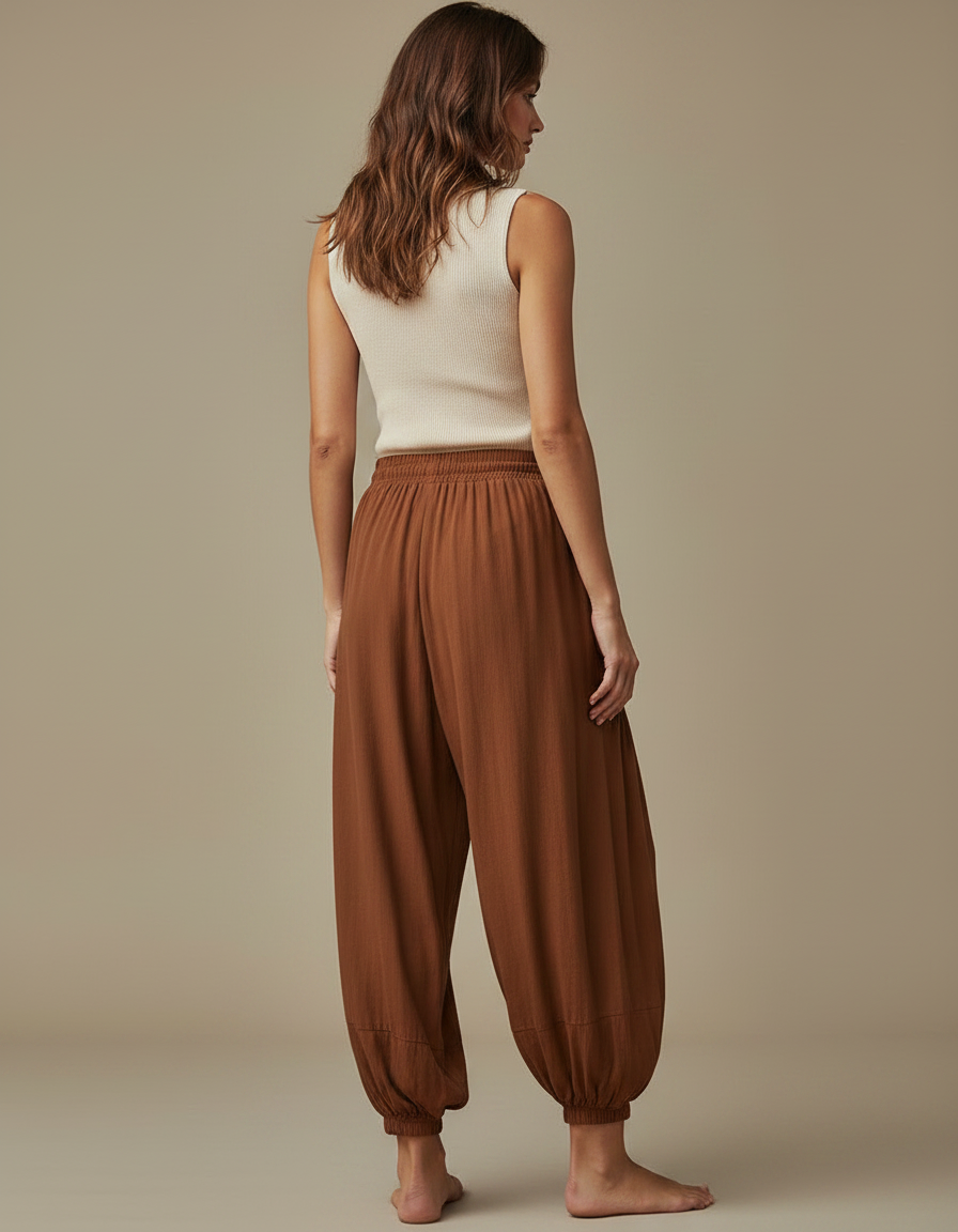 Pantalon Japonais Marron Fluide Ample Cordon Décontracté - Viscose - vue 2