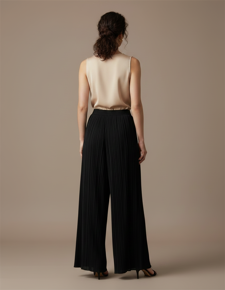 Pantalon Japonais Noir Plissé Ample Fluide Élégant - Polyester - vue 2