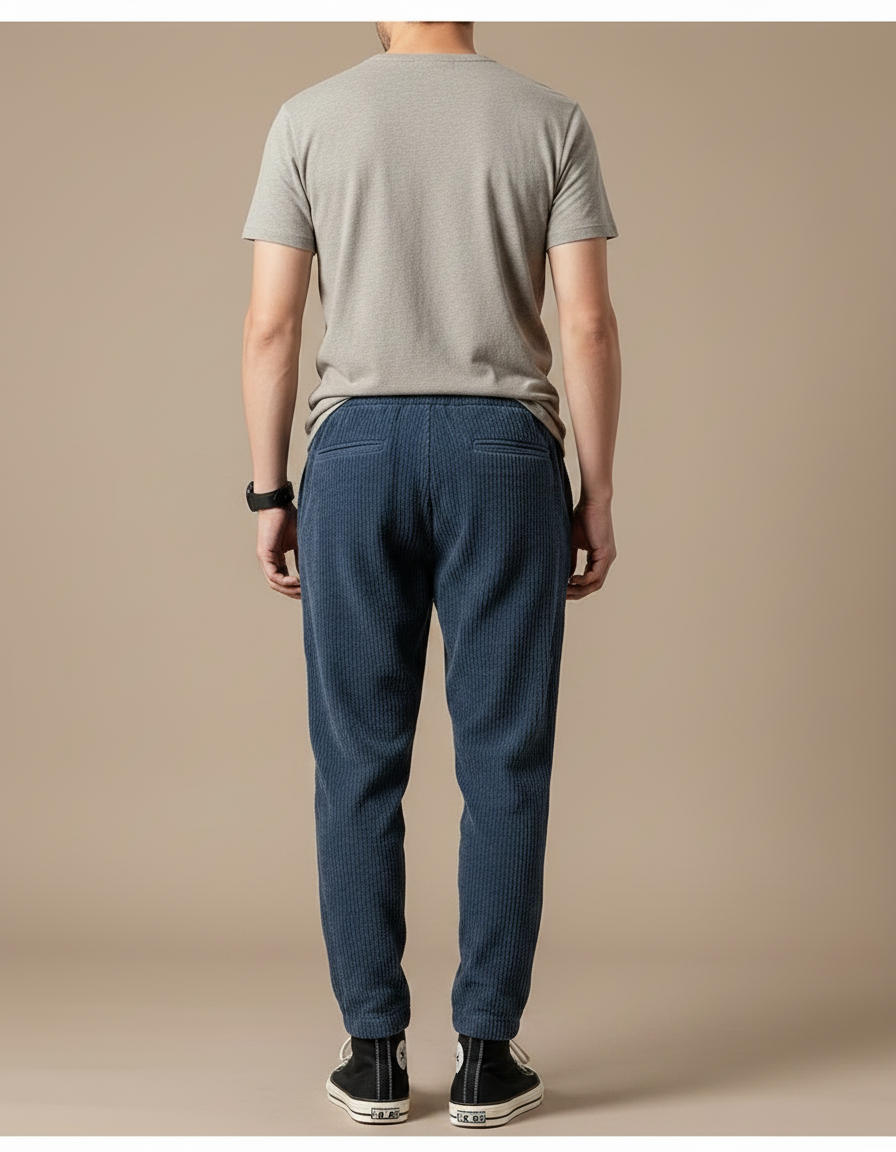 Pantalon Japonais Bleu Côtelé Ample Décontracté - Cordé - vue 2