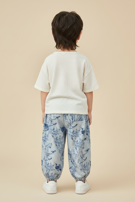 Pantalon Japonais Bleu Imprimé Ample Coton Enfant - Lin - vue 2