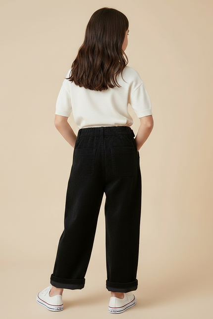 Pantalon Japonais Noir Côtelé Ample Décontracté Boutons - Cordé - vue 2