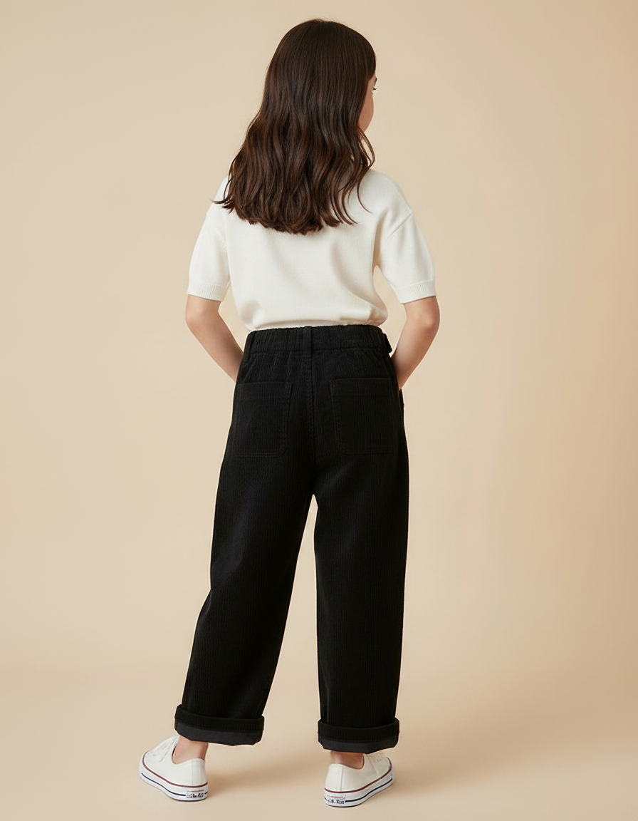 Pantalon Japonais Noir Côtelé Ample Décontracté Boutons - Cordé - vue 2