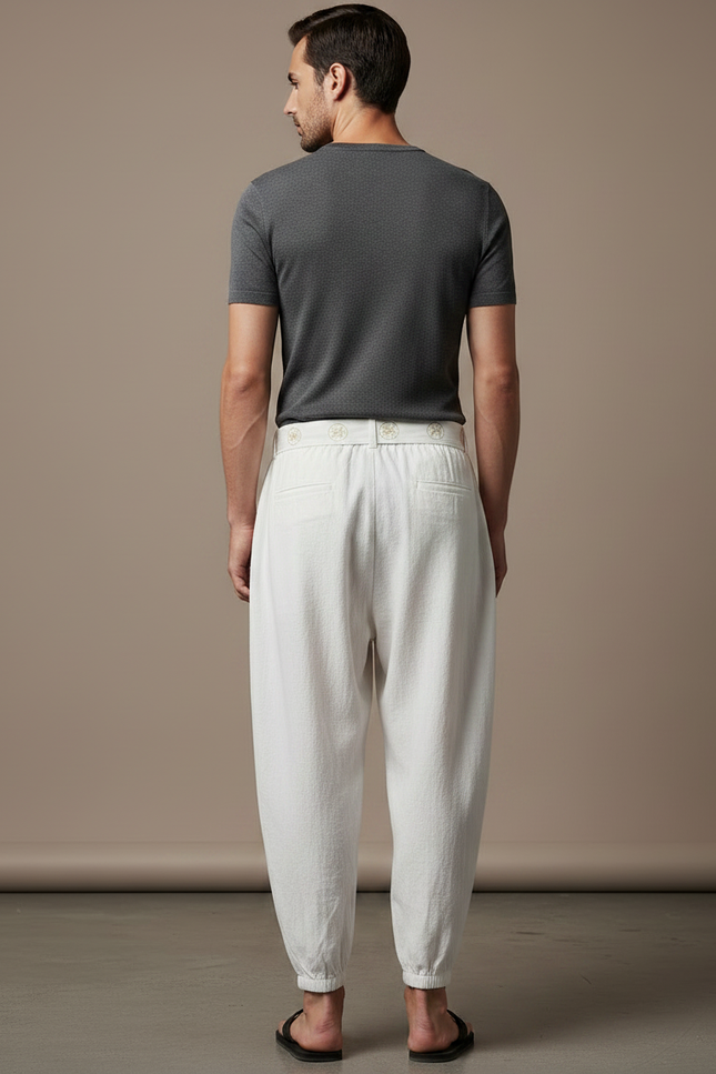 Pantalon Japonais Blanc Coton Ample Brodé Ceinturé - vue 2