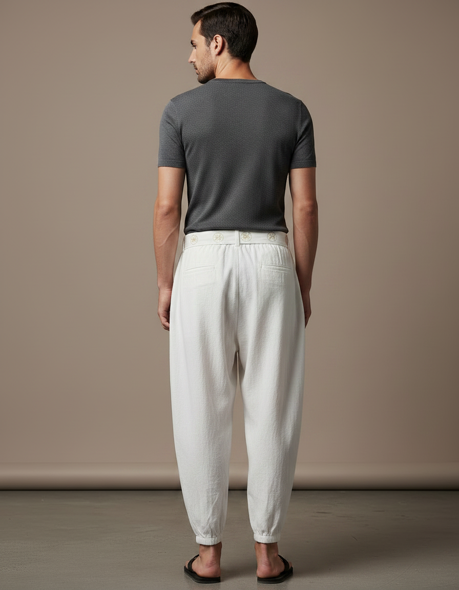 Pantalon Japonais Blanc Coton Ample Brodé Ceinturé - vue 2