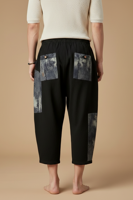 Pantalon Japonais Noir Coton Lin Ample Patchwork - vue 2