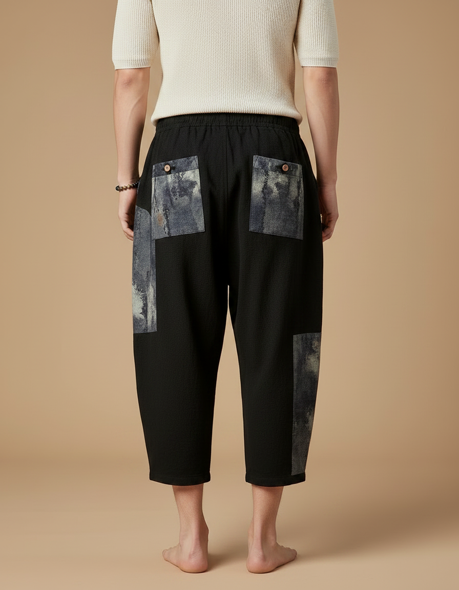 Pantalon Japonais Noir Coton Lin Ample Patchwork - vue 2