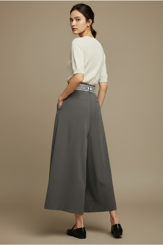 Pantalon Japonais Gris Fluide Ample Élégant Ceinturé - Viscose - vue 2
