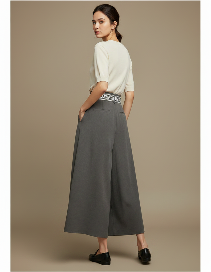 Pantalon Japonais Gris Fluide Ample Élégant Ceinturé - Viscose - vue 2