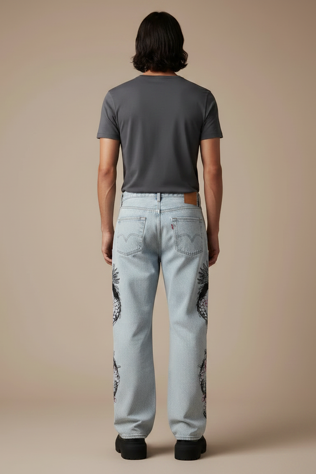 Pantalon Japonais Dragon Sakura Denim Ample Homme - Bleu Jean - vue 2