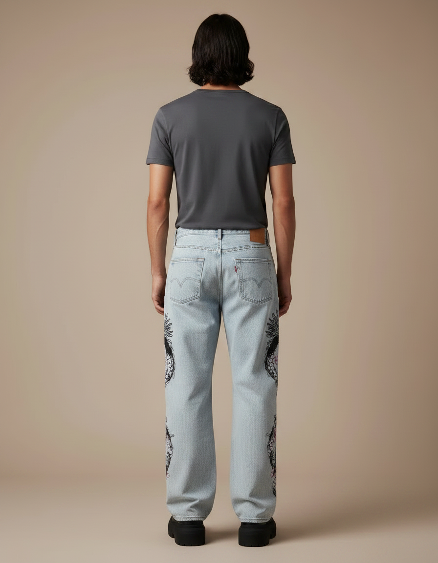 Pantalon Japonais Dragon Sakura Denim Ample Homme - Bleu Jean - vue 2