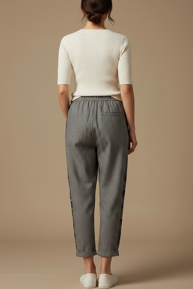 Pantalon Japonais Gris Ample Brodé Floral Décontracté - Tweed - vue 2