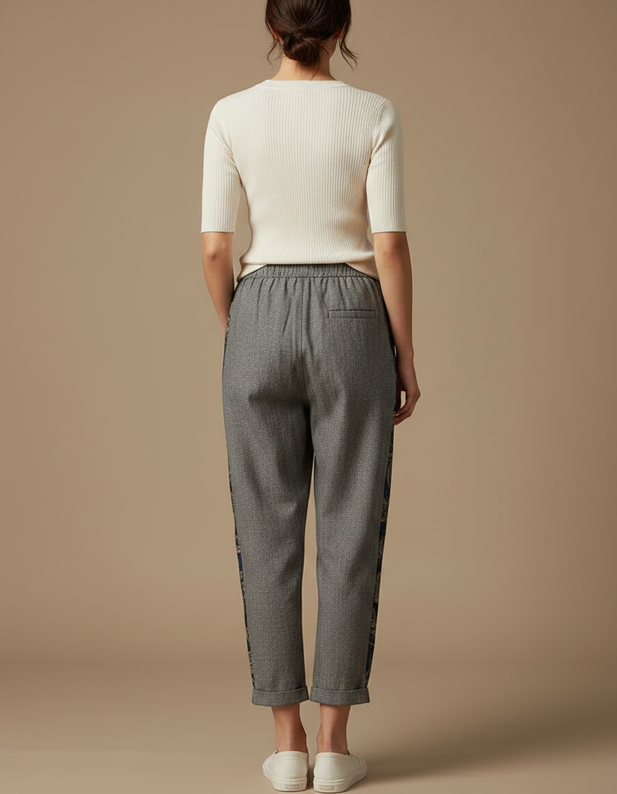 Pantalon Japonais Gris Ample Brodé Floral Décontracté - Tweed - vue 2