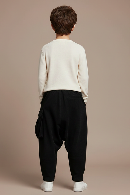 Pantalon Japonais Noir Ample Côtelé Cargo Garçon - Cordé - vue 2