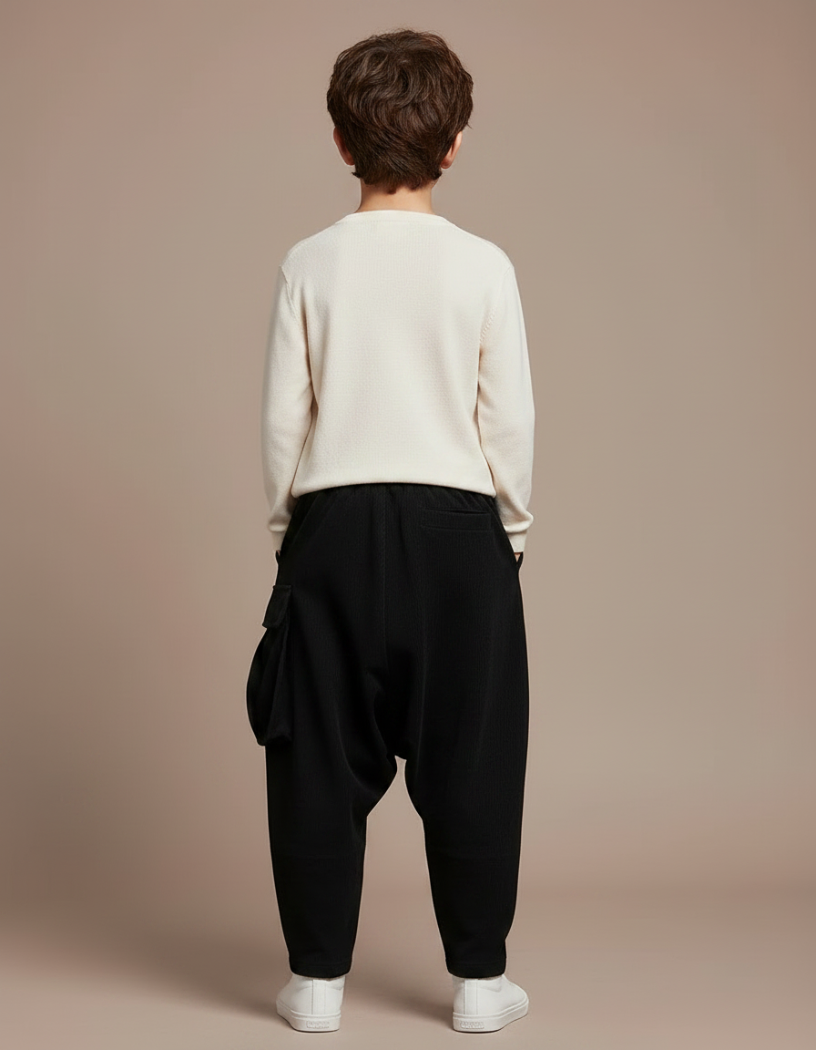 Pantalon Japonais Noir Ample Côtelé Cargo Garçon - Cordé - vue 2