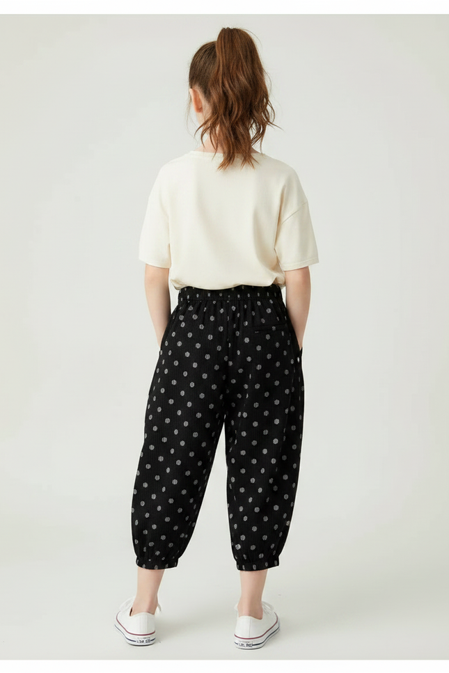 Pantalon Japonais Noir Côtelé Ample Pois Harem Enfant - Cordé - vue 2