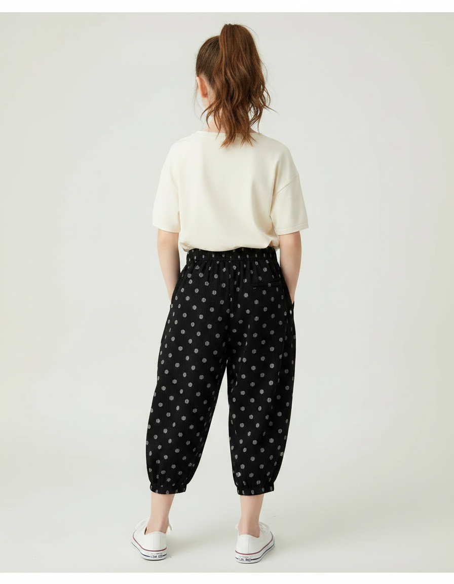 Pantalon Japonais Noir Côtelé Ample Pois Harem Enfant - Cordé - vue 2