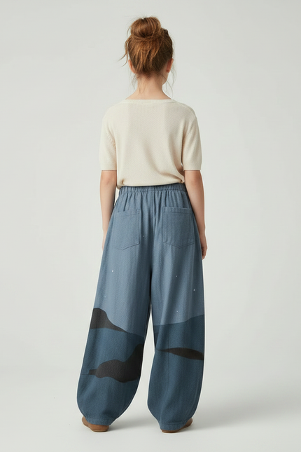 Pantalon Japonais Bleu Nuit Ample Imprimé Lune Chat - Coton - vue 2